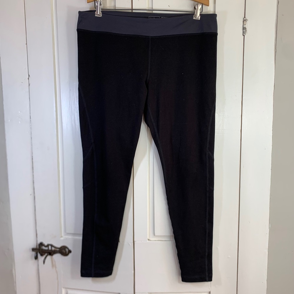 LL Bean Womens Black Active Leggings Gray Waistband Pocket 291540 Large L REG